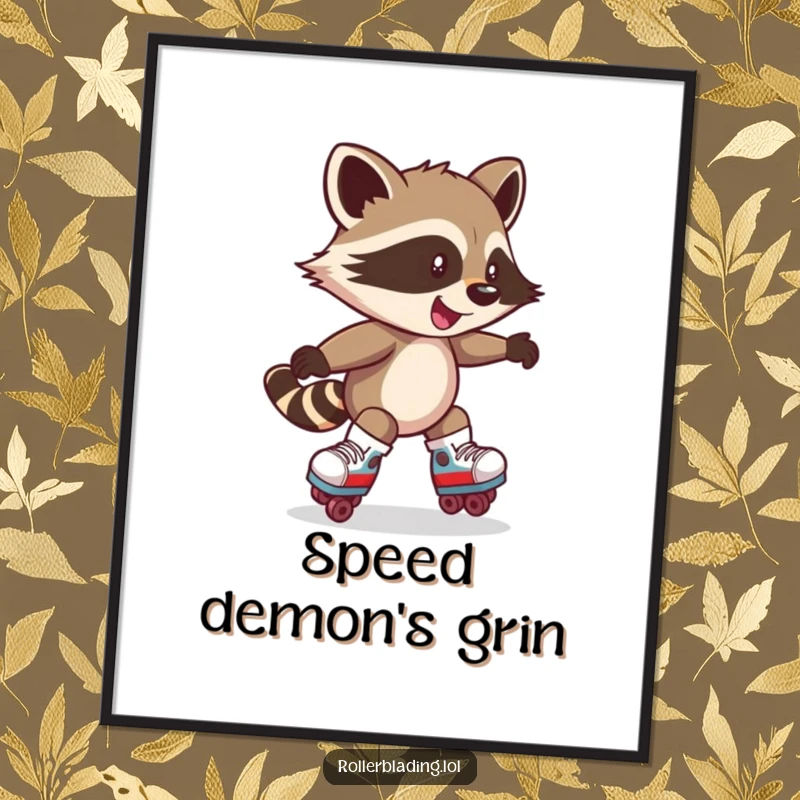 Funny poster art of a mischievous raccoon spinning on roller skates with a grin. Humorous wall decor.