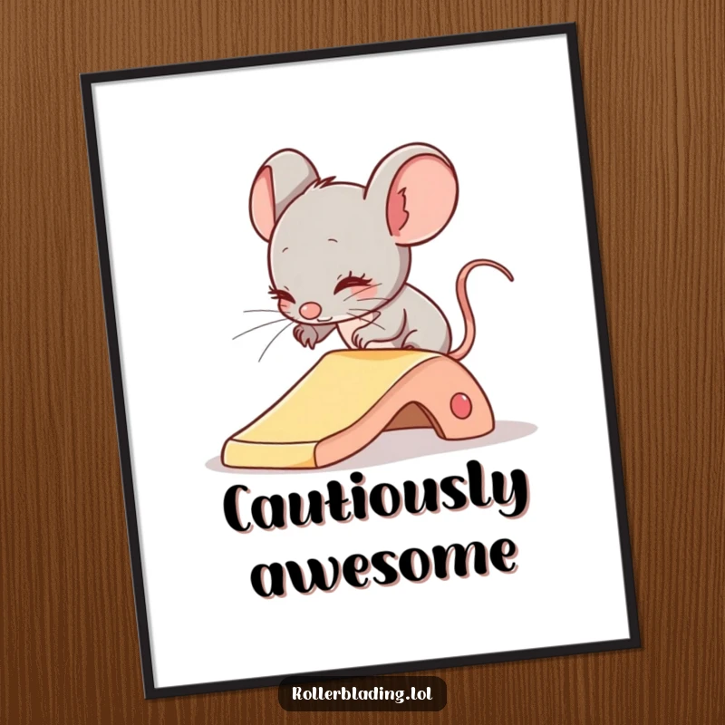 Funny poster of a shy mouse comically attempting a gentle slide, adding a whimsical and relatable touch to decor.