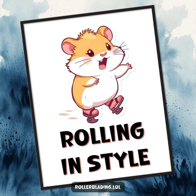 Funny poster depicting a hamster on tiny skates, zooming forward with pure delight, conveying hilarious joy and motion.