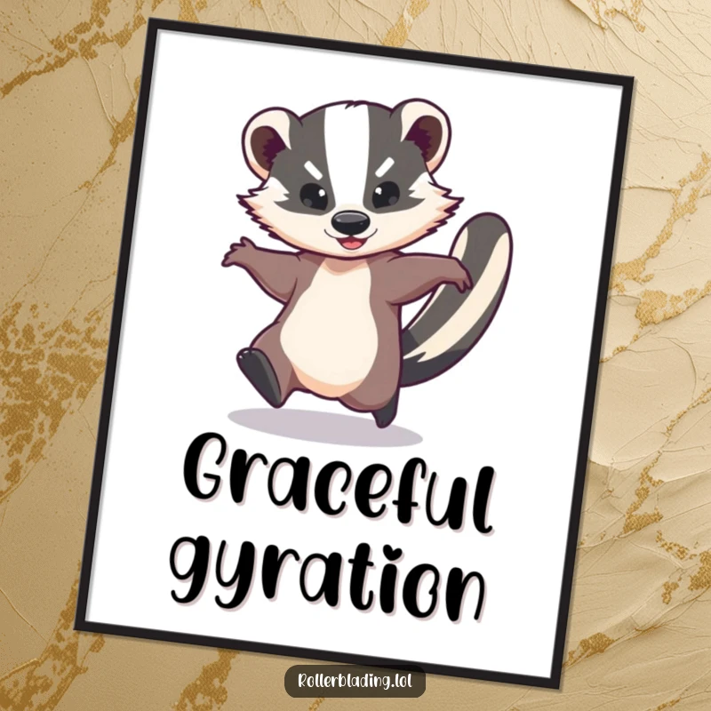 Funny poster showing a graceful badger performing a speedy spin, embodying playful motion and whimsical energy for dynamic wall art.