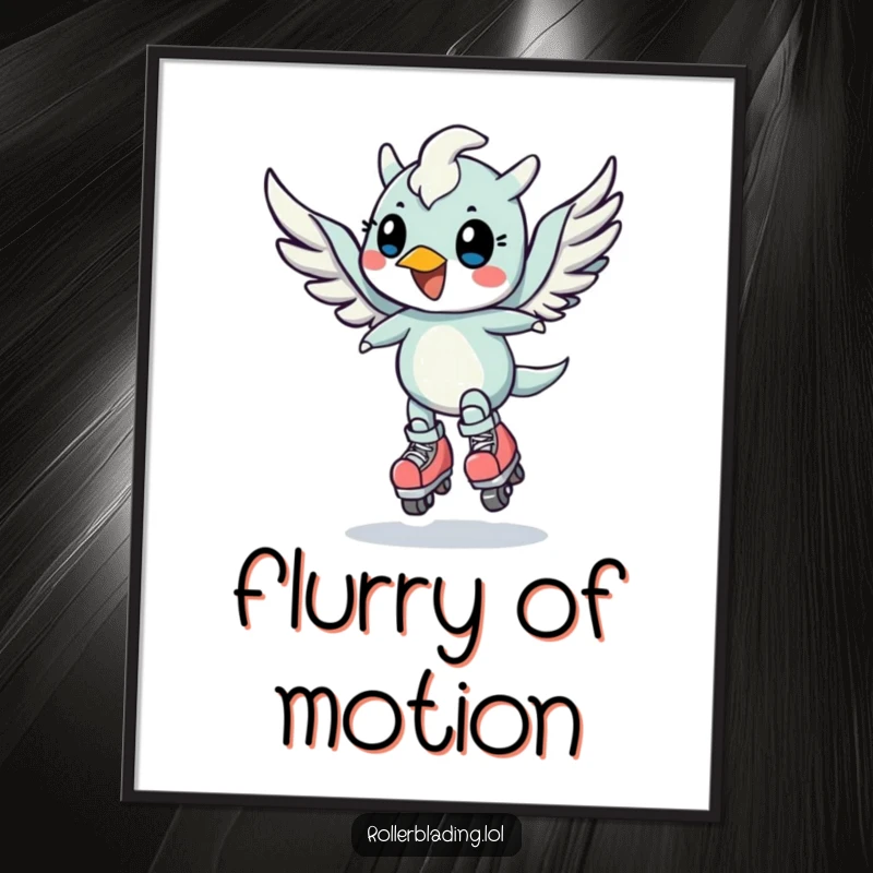 Funny poster of a cheerful, winged creature performing a speed turn on roller skates, capturing motion art.
