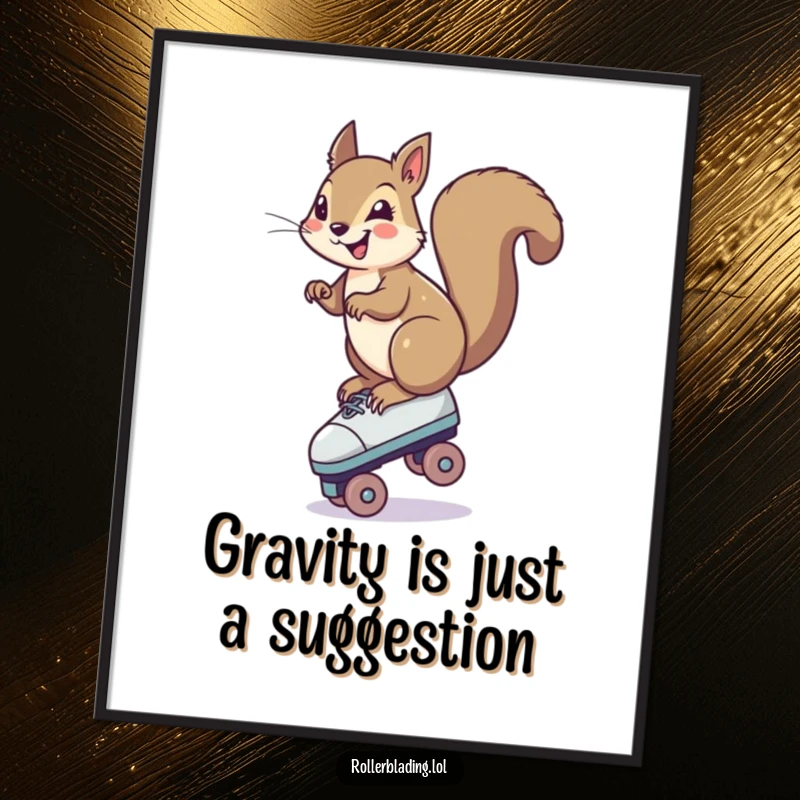 Funny Squirrel Poster: A smiling squirrel hilariously balancing on one roller skate, capturing a comical and daring moment for wall art.
