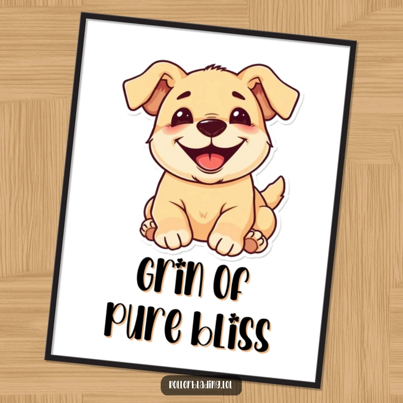 Funny pup poster illustrating a jubilant dog rolling with a wide, happy grin, perfect wall art.