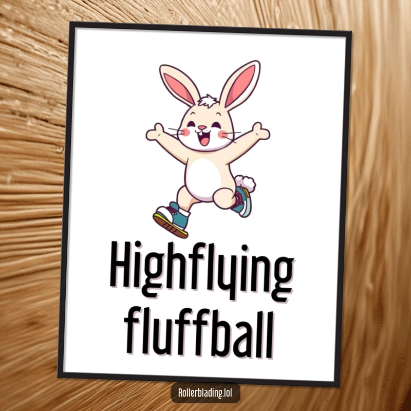 Funny bunny poster capturing a cheerful bunny leaping playfully on roller skates, adding a burst of energy and humor.