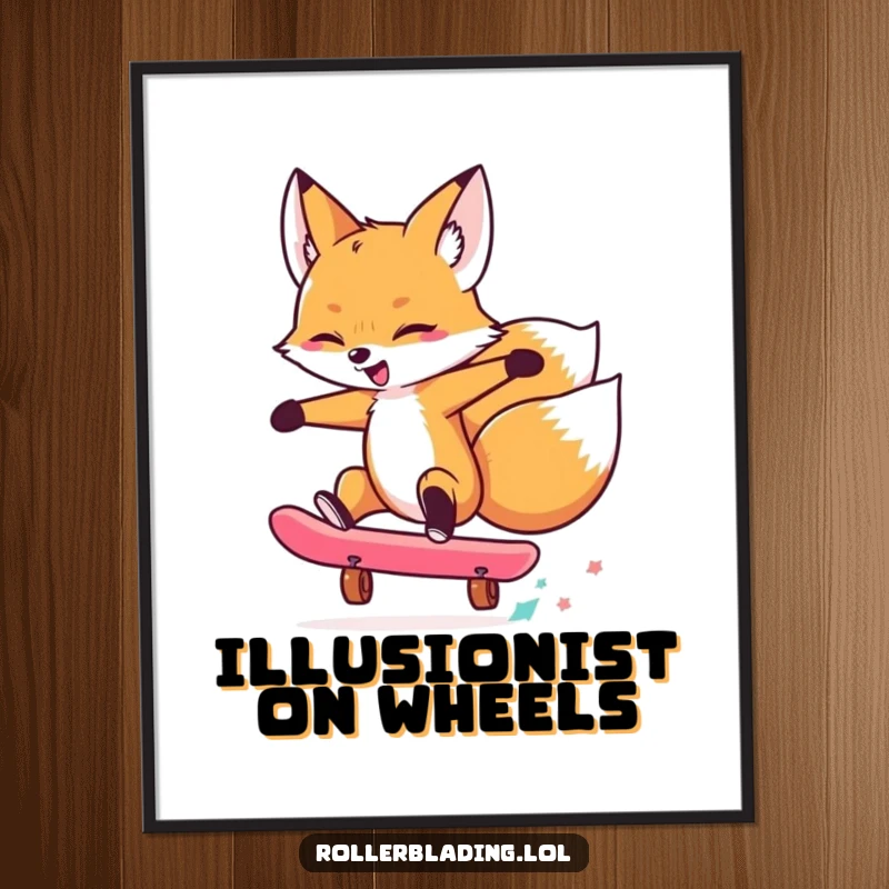 Funny poster displaying a dynamic fox executing an awesome skateboard trick, capturing its cool and playful essence for wall decor.