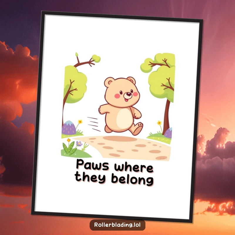 Funny poster capturing a proud bear’s exhilarating, comically fast journey along a scenic path, bringing joy to walls.