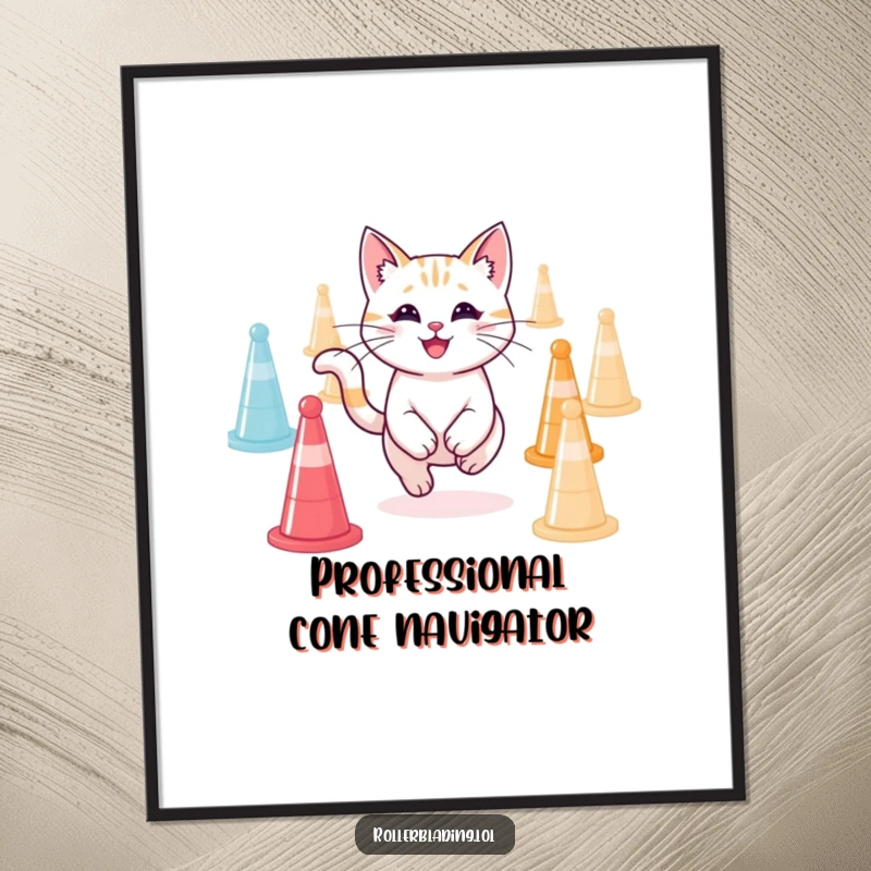 Funny smiling cat acing an agility course, depicted dynamically on a poster, perfect funny gift for decor.