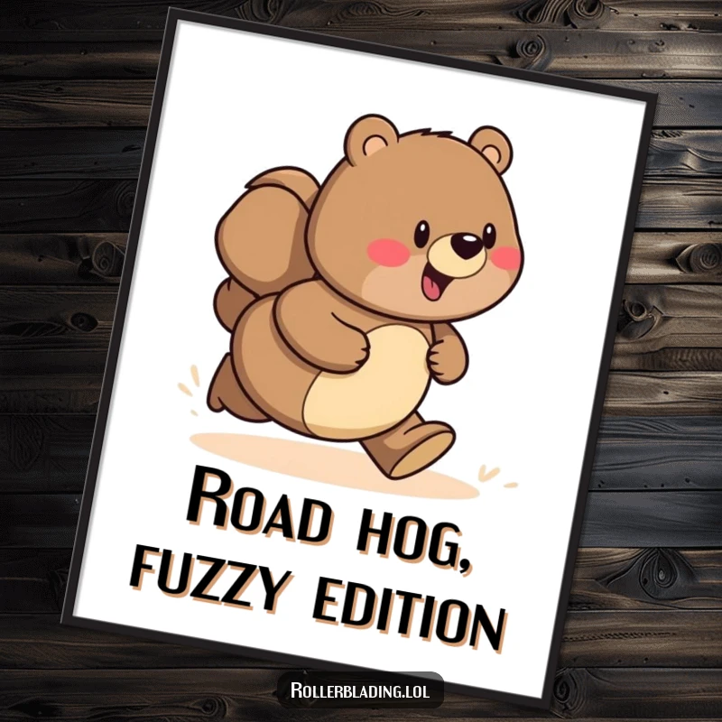 Funny poster art of a proud bear full of speed and determination, racing joyfully down an open path.