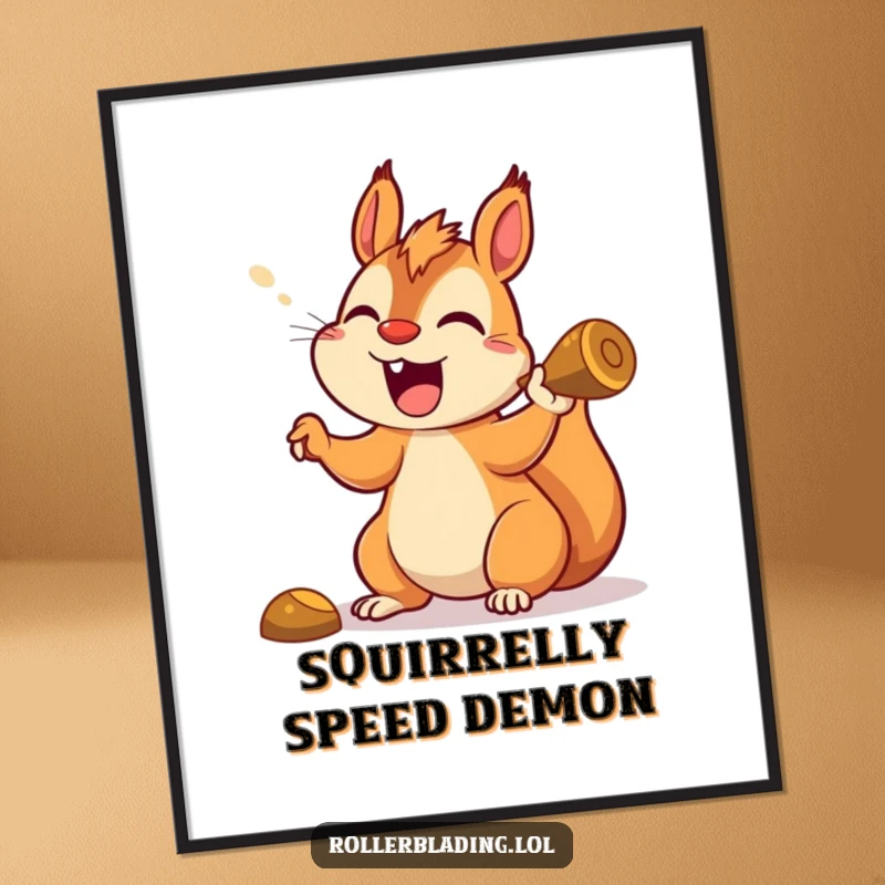 Funny squirrel poster illustrating a jubilant squirrel leaning hard into a turn with a wide, excited yell, wall art.