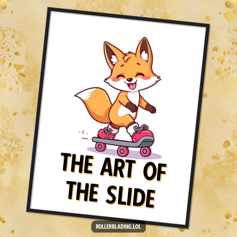 Funny Fox Poster: A smiling fox executes a dramatic slide on roller skates, one leg extended, creating a visually striking and humorous artwork.