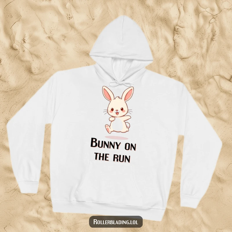 Funny hoodie depicting a playful rabbit comically bouncing with pumping legs, perfect for warmth and a humorous workout vibe.