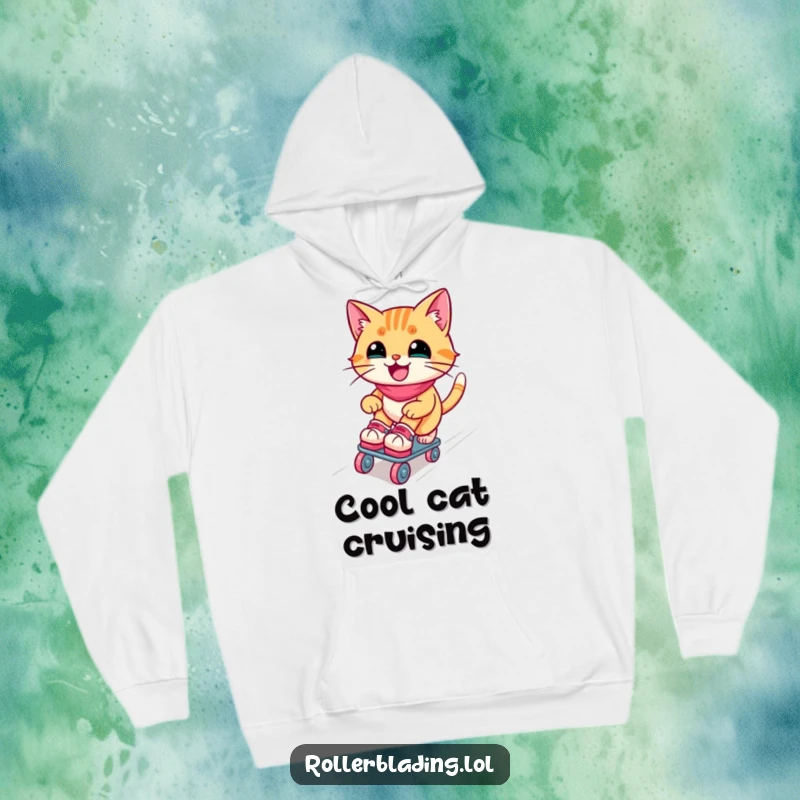 Funny roller skating cat hoodie: A joyful cat smoothly cruises down a ramp on roller skates, bringing warmth and laughter to your day.