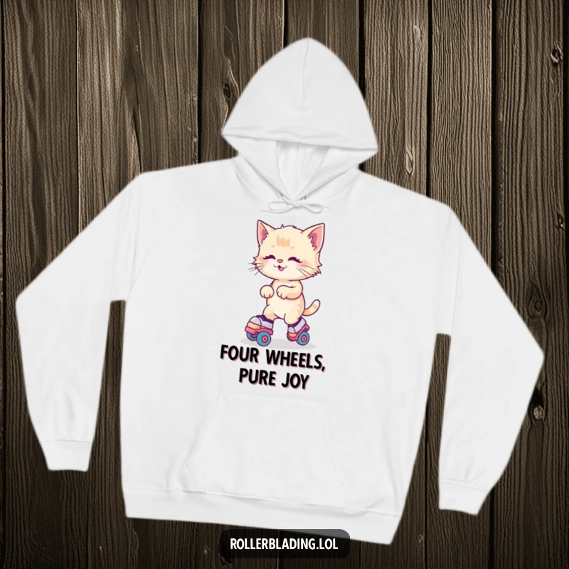 Funny Kitten Roller Skates Hoodie depicting a kitten joyfully wobbling on roller skates, perfect for cozying up.