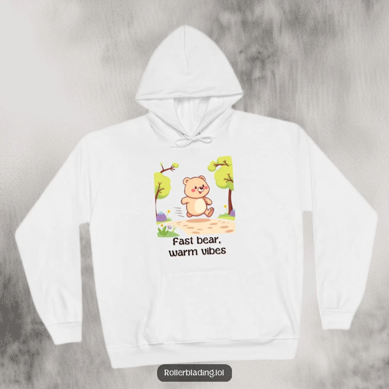 Funny hoodie depicting a proud bear comically speeding along, radiating warmth and a sense of playful adventure.
