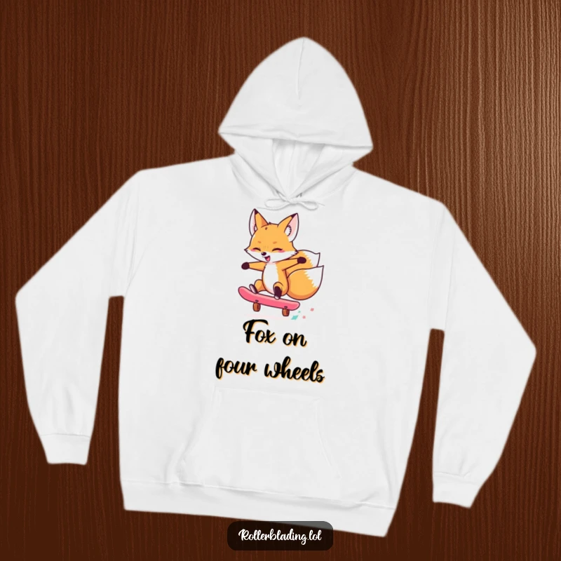 Funny hoodie with a stylish fox executing a dynamic skateboard trick, showcasing its cool, sporty, and adventurous attitude.