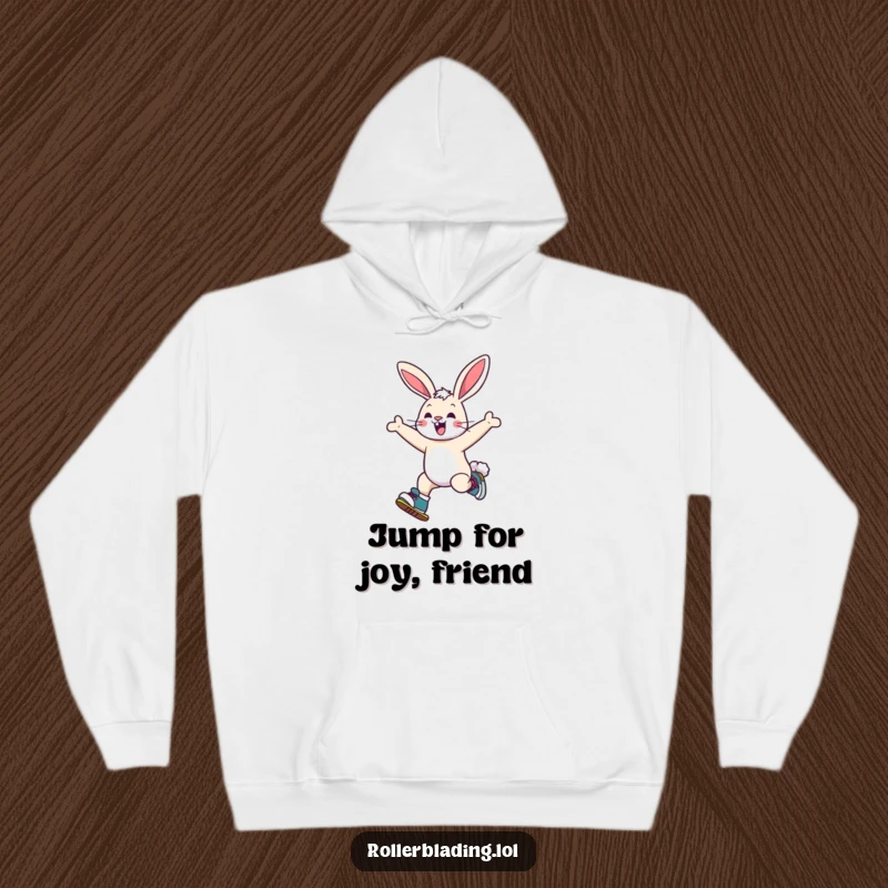 Funny bunny hoodie showing a happy bunny leaping joyfully on roller skates, perfect for adding a touch of fun.
