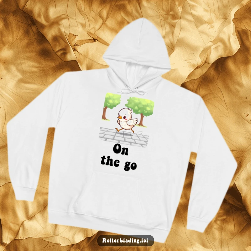 Funny hoodie showing a determined bird racing along a paved path, exuding speed and focused energy, perfect for active days.