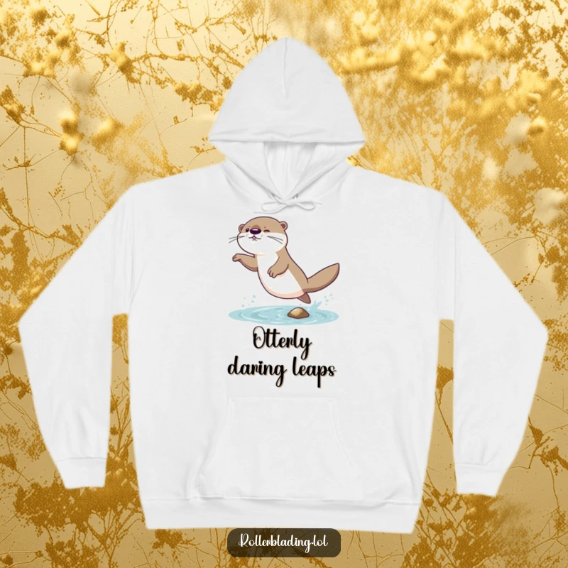 Funny hoodie depicting a giggling otter comically attempting a daring jump and landing with a wobble, perfect for warmth and fun.