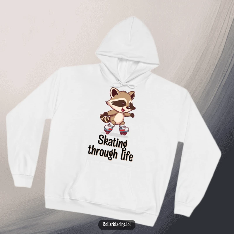 Funny hoodie with a mischievous raccoon spinning on roller skates. Cozy and comical for cool weather.