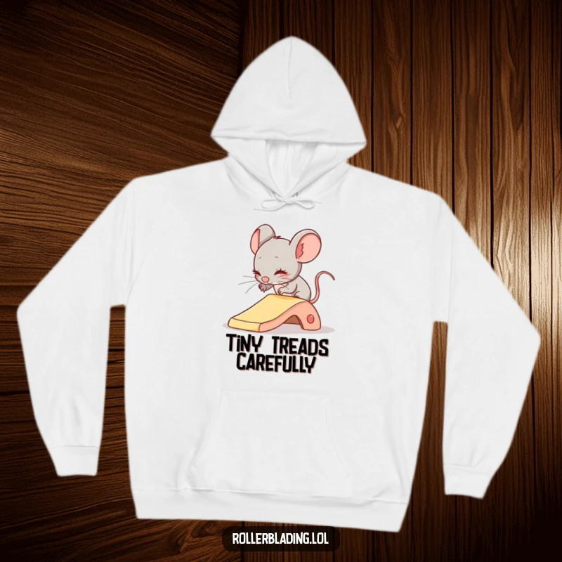 Funny hoodie depicting a shy mouse comically attempting a gentle slide, offering warmth and a touch of relatable caution.