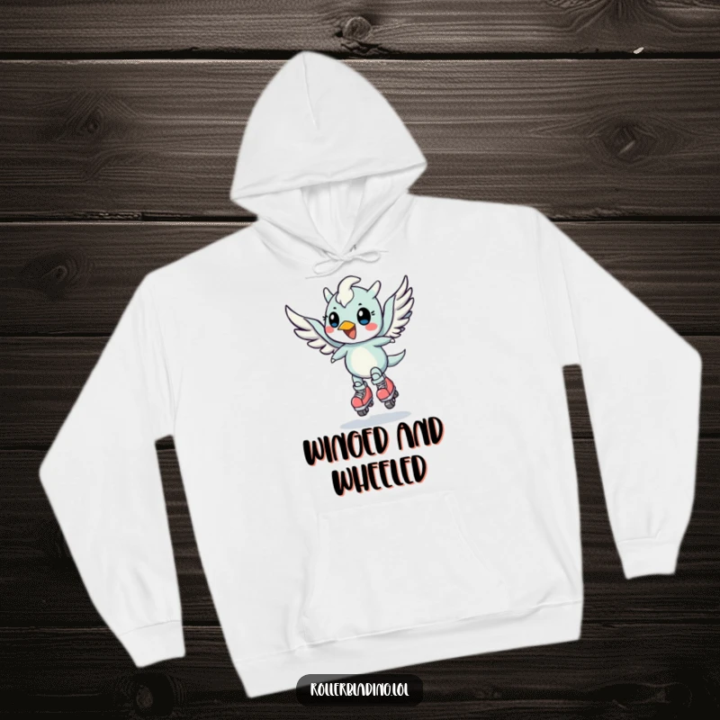 Funny hoodie featuring a cheerful, winged creature making a speed turn on roller skates, cozy and cool.