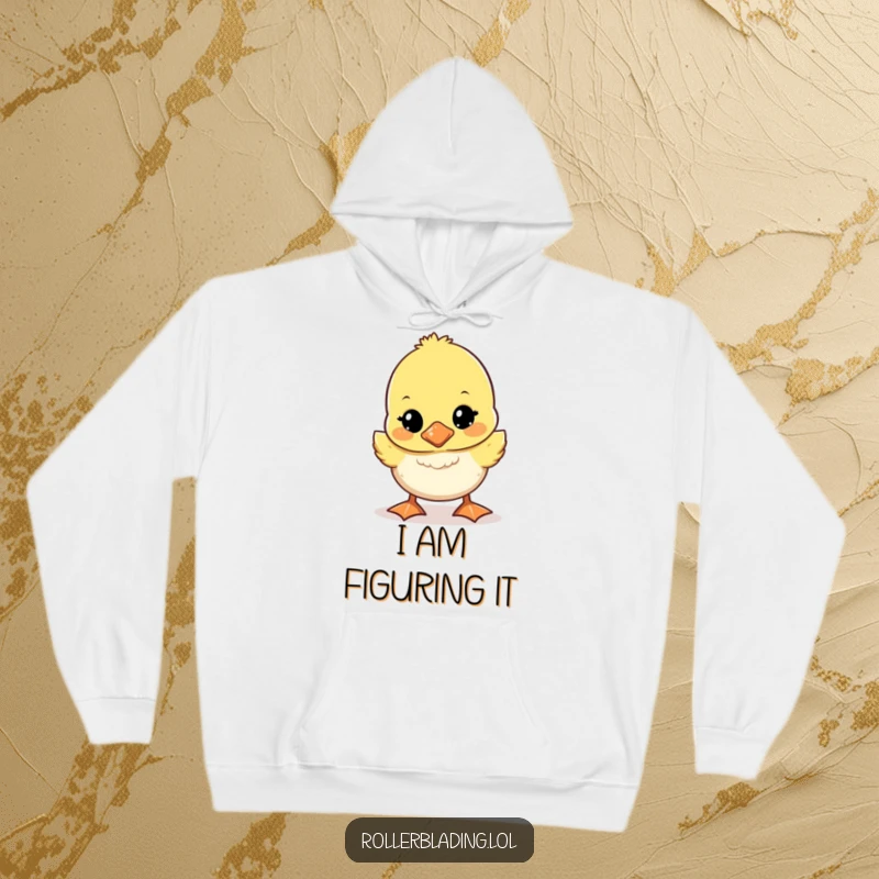 Funny wobbly duckling hoodie showing a cute duckling walking unsteadily, warm and humorous apparel.