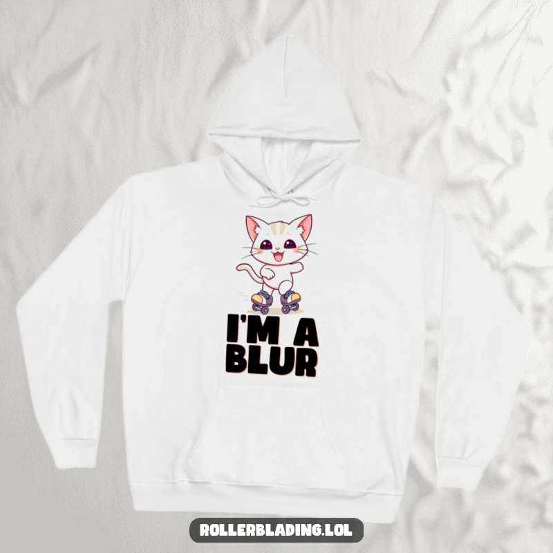 Funny hoodie design of a happy cat gracefully zooming on roller skates, its ears dramatically windblown, embodying freedom and speed.
