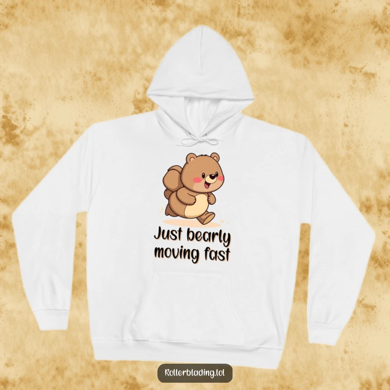 Funny hoodie with a depiction of a proud bear joyfully speeding along a path, emphasizing freedom and fun.