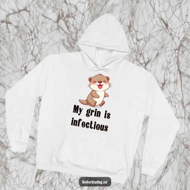 Funny hoodie depicting a joyful otter zipping with a grin, offering cozy comfort and a burst of playful energy for a happy wearer.