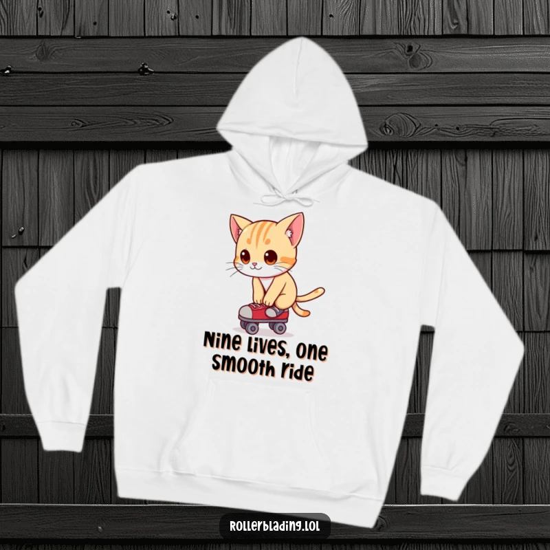Funny hoodie featuring a curious cat leaning forward, attempting to balance on roller skates with intense concentration.