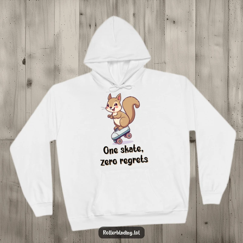 Funny Squirrel Hoodie: A smiling squirrel hilariously balancing on one roller skate, radiating comical energy and daring spirit.
