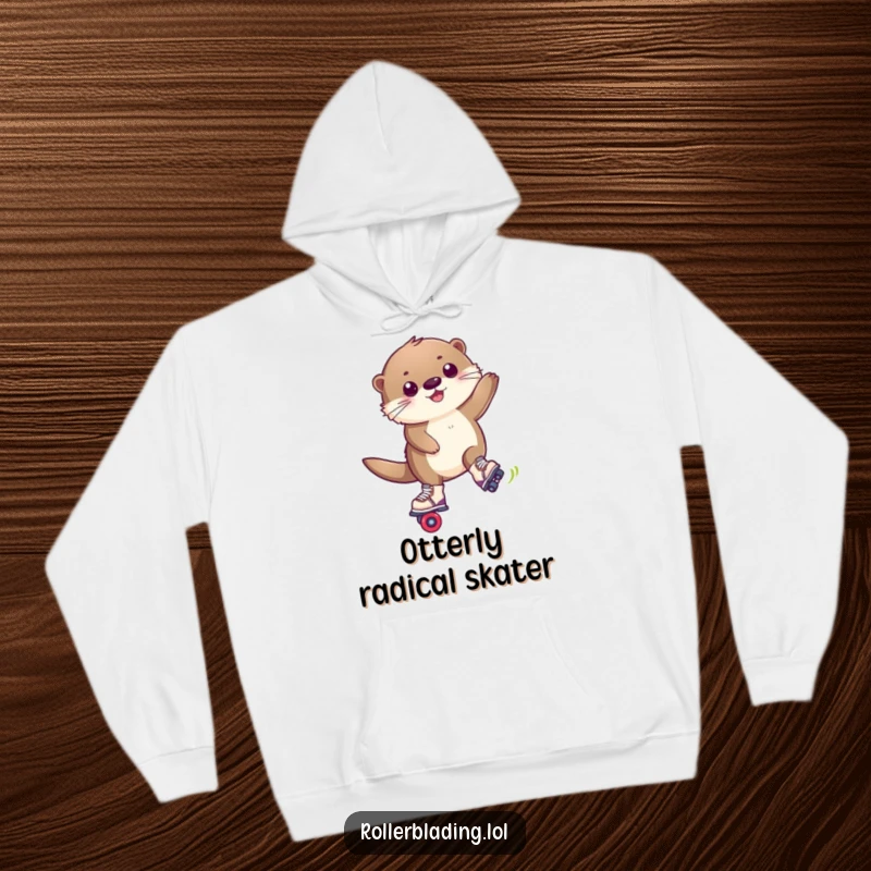 Funny hoodie depicting a fluffy otter performing an impressive trick maneuver on roller blades, perfect for warmth.