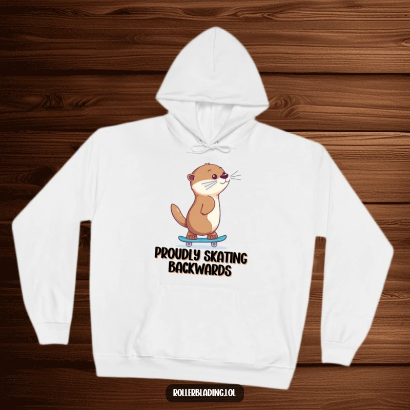 Funny otter skating hoodie, a giggling animal skating backwards with a proud expression, bringing cozy vibes and playful confidence.