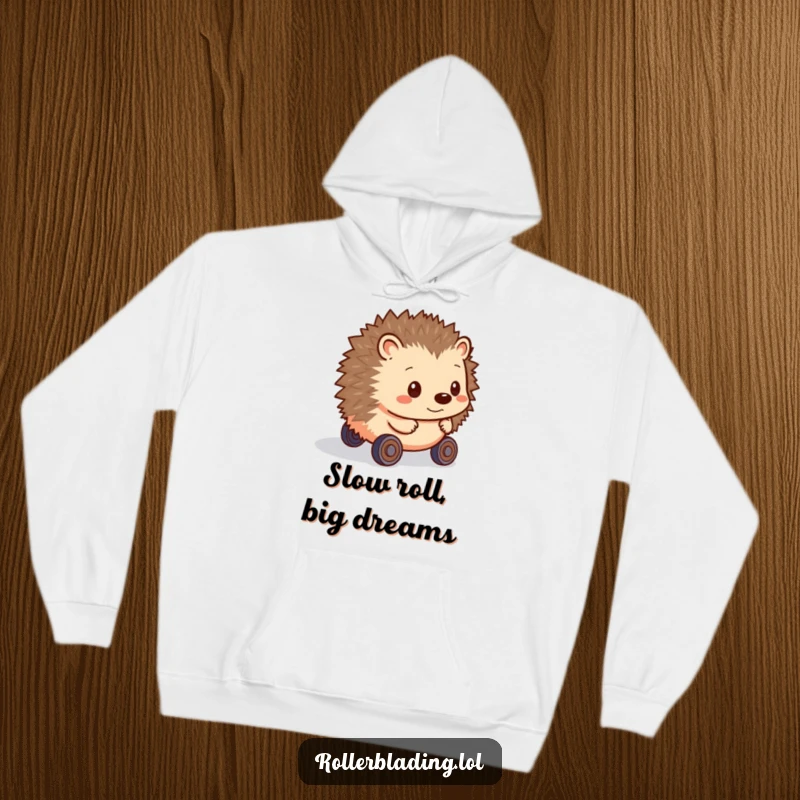 Funny Hedgehog Hoodie: A shy hedgehog cautiously rolls forward on hesitant wheels, offering warm comfort and humorous charm.