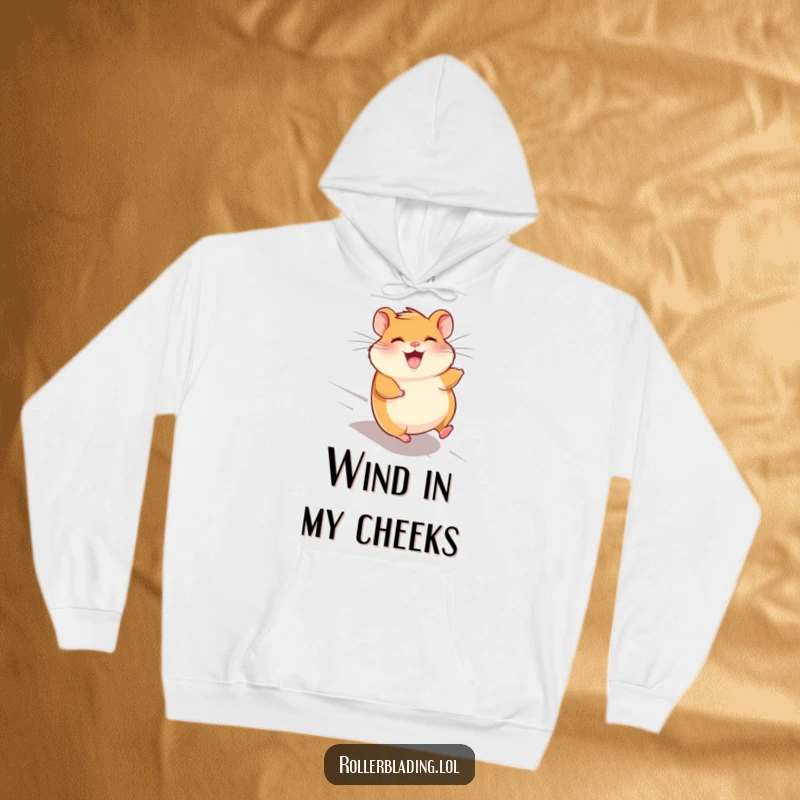 Funny giggling hamster hoodie, featuring a hamster speeding downhill with wind in its fur, offering cozy fun.