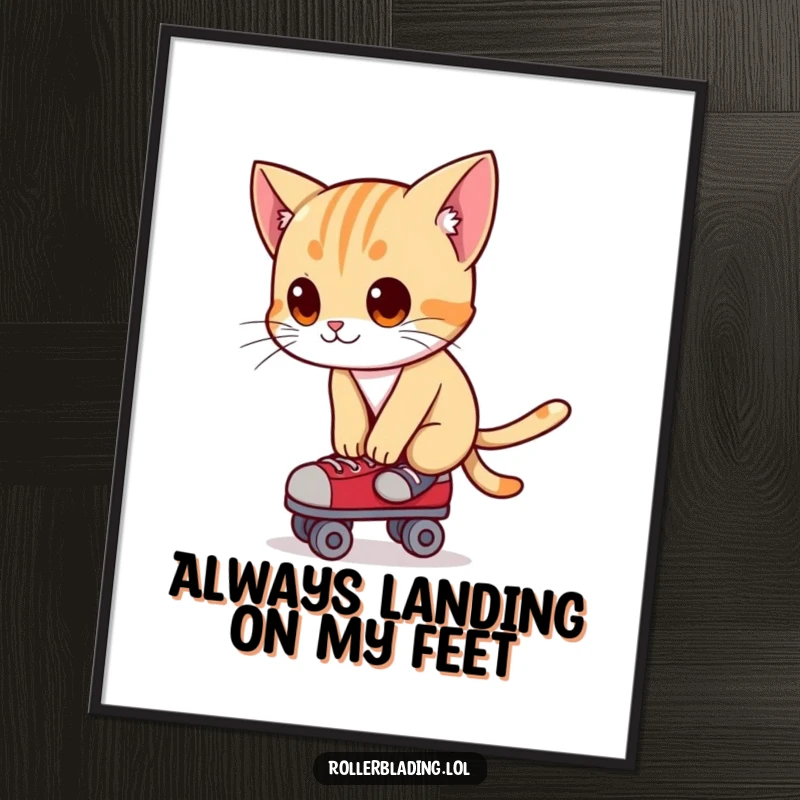 Funny Free Printable Wall Art: A curious cat leans forward, perfectly balanced on roller skates, looking ready for an adventure.