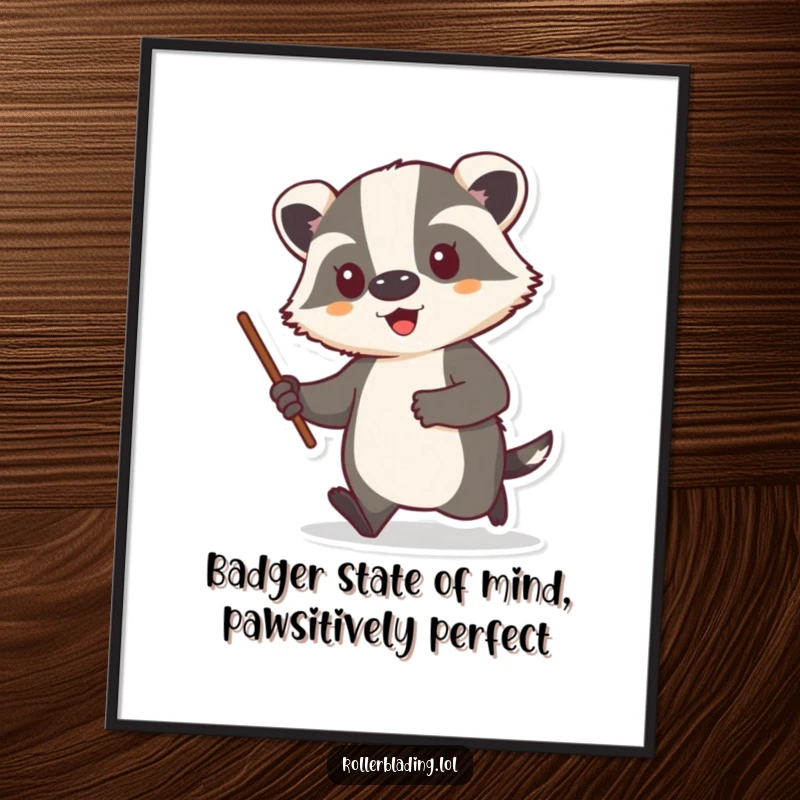 Funny free printable wall art of a proud badger cruising with a stick, exuding confidence and style.