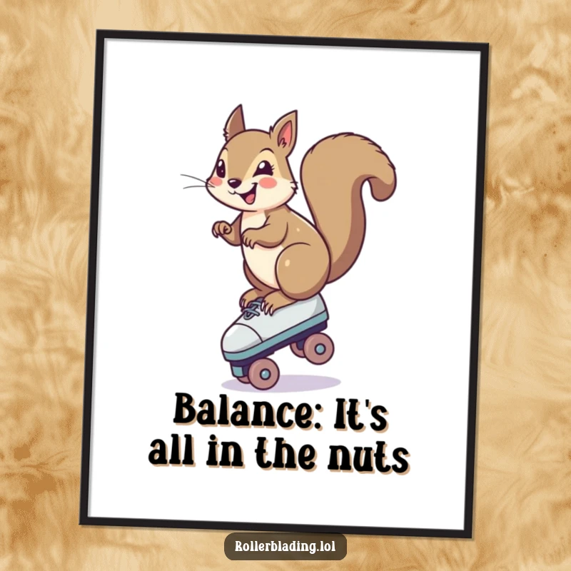 Funny Free Printable Wall Art: A smiling squirrel balances on one roller skate, ready for an adventure!