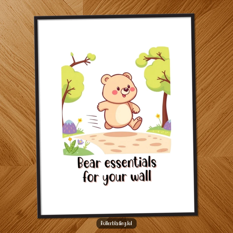 Funny Free Printable Wall Art of a proud bear confidently speeding down a path, embodying zest for life and humor.