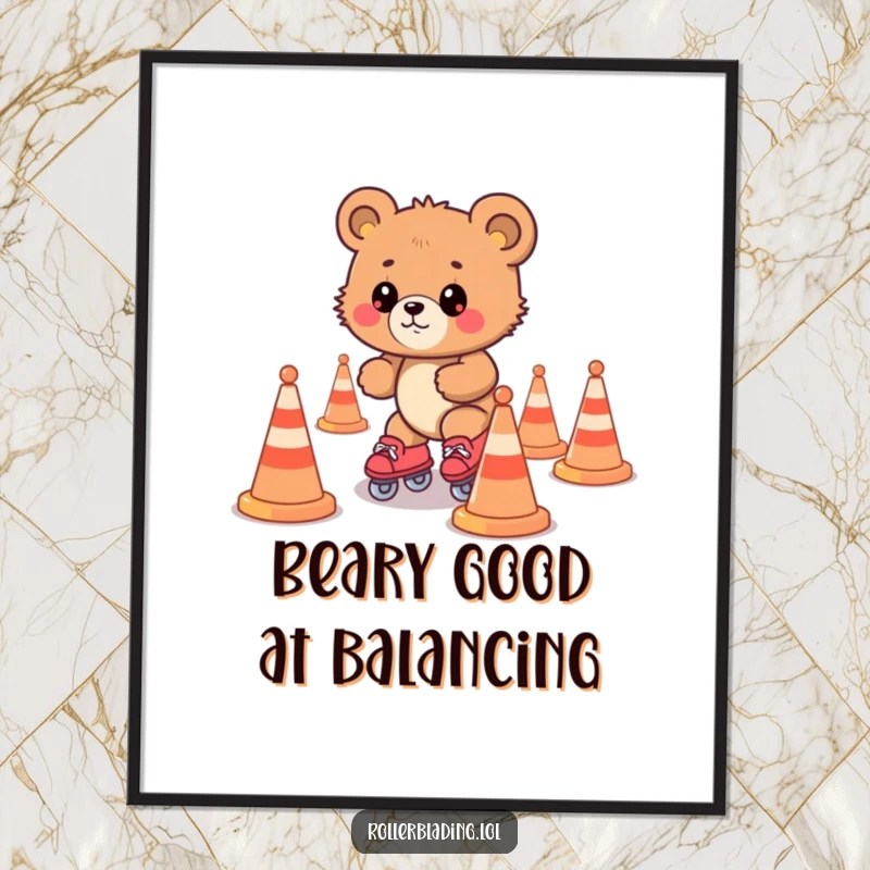 Funny Free Printable Wall Art: A determined bear cub comically navigating traffic cones on roller skates.