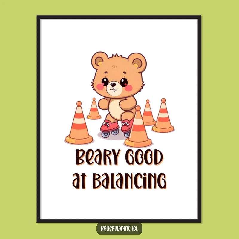 Funny Free Printable Wall Art: Bear Cub Roller Skating Mishap Downloadable Decor