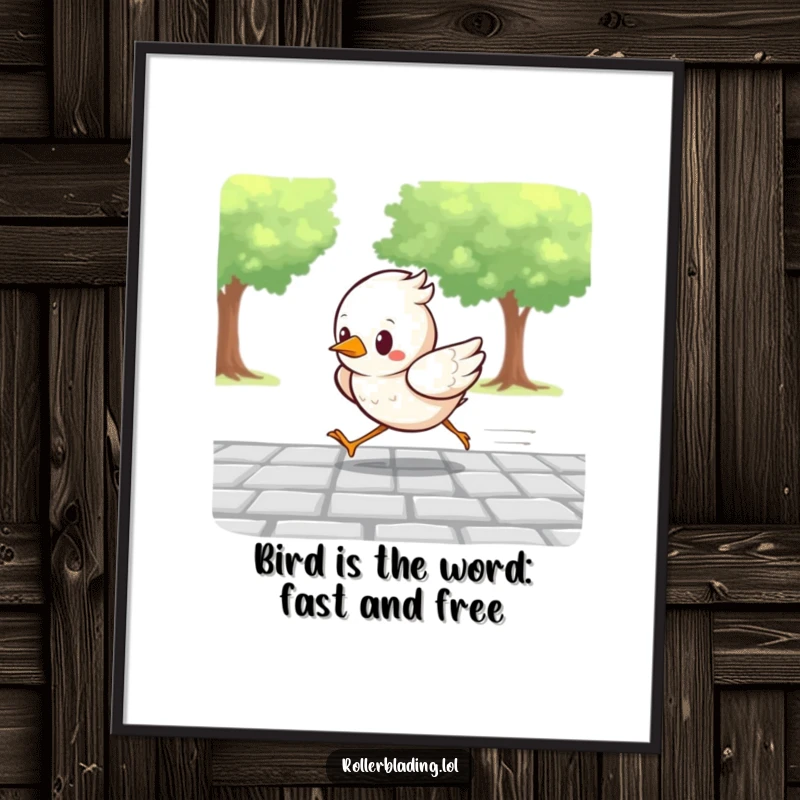 Funny Free Printable Wall Art: A determined bird with wings spread, racing energetically along a paved path.