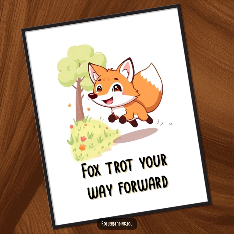 Funny free printable wall art of a fox with an infectious grin, speeding down a path with pure, playful energy.