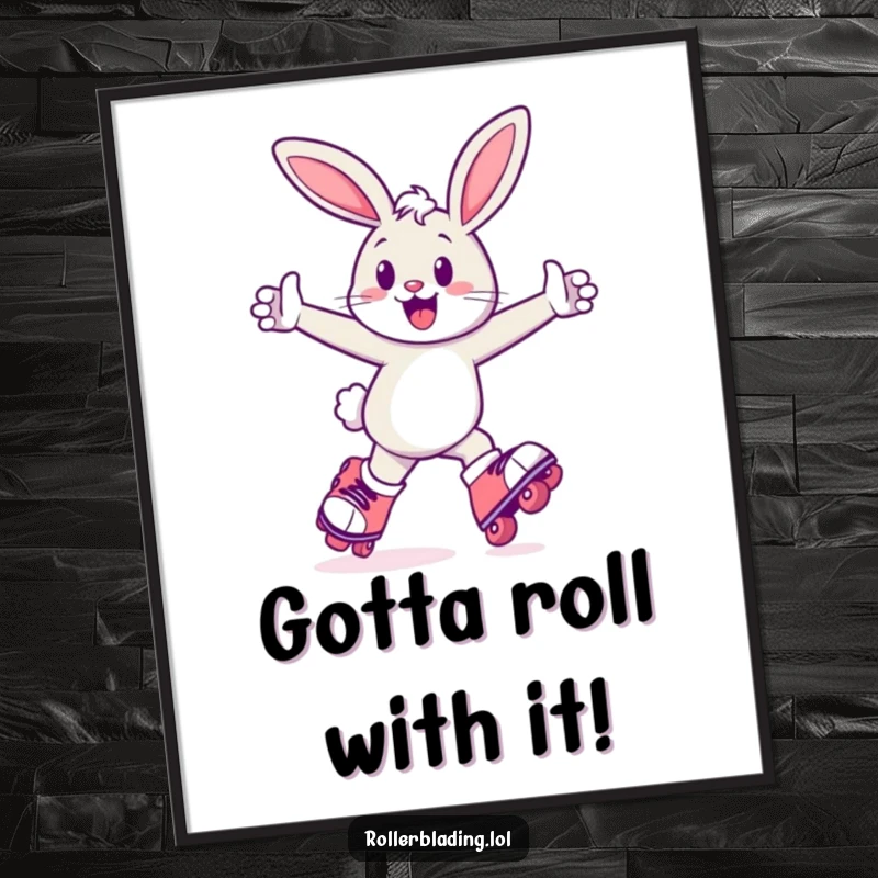 Funny Free Printable Wall Art: Cheerful bunny zooming forward on roller skates, arms pumping, embodying pure joy and energetic speed for quirky decor.
