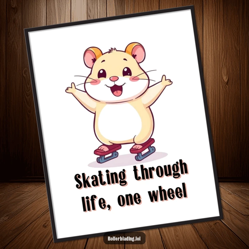 Funny Free Printable Wall Art: A smiling hamster skates with arms gracefully outstretched, radiating pure joy and fun.