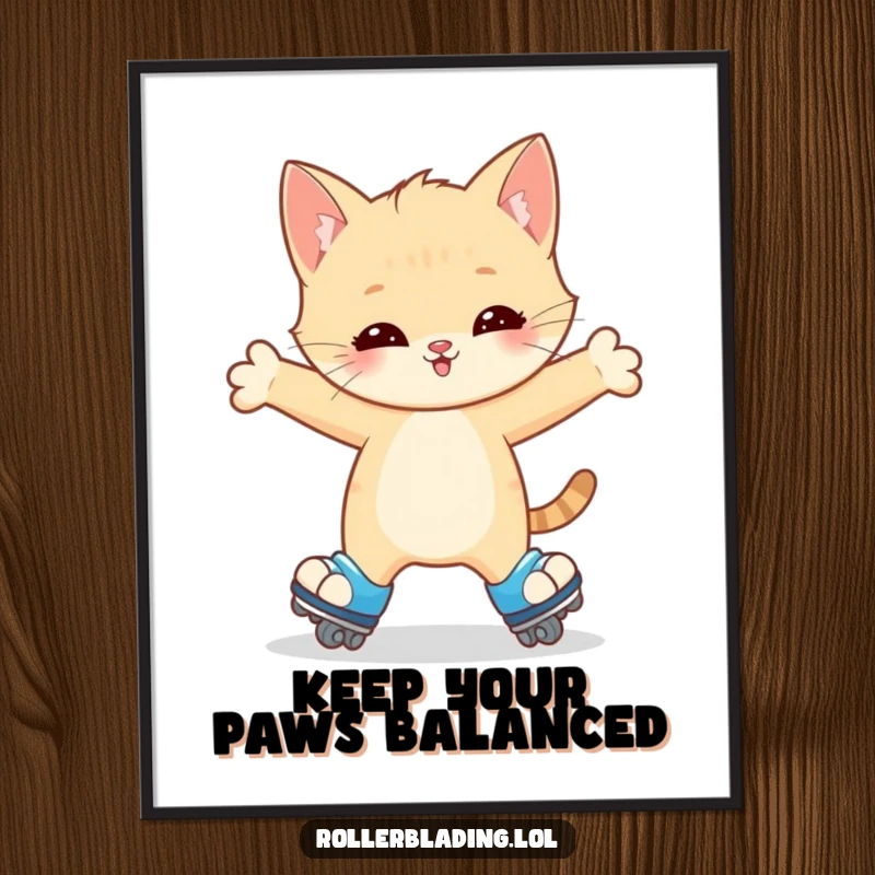 Funny Free Printable Wall Art: Happy kitten wobbling slightly on roller skates, arms outstretched for balance, capturing a moment of endearing clumsiness.