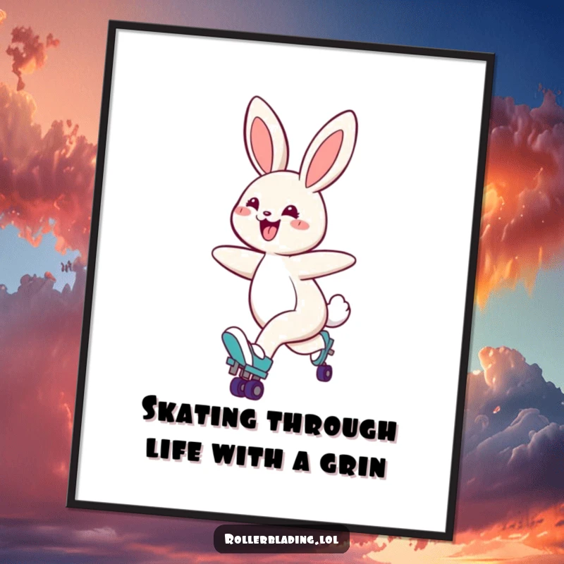 Adorable Free Printable Wall Art depicts a happy bunny gracefully gliding on roller skates with a big, infectious smile.