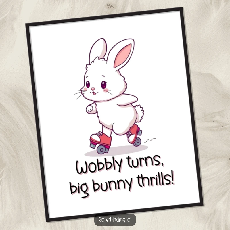 Funny free printable wall art of a fluffy bunny wobbling comically while attempting a turn on roller skates, full of character.