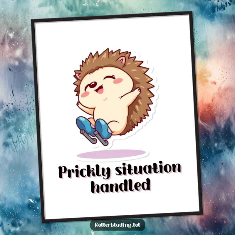 Funny Free Printable Wall Art: Tiny hedgehog comically falling backwards on roller skates, with a surprised expression.