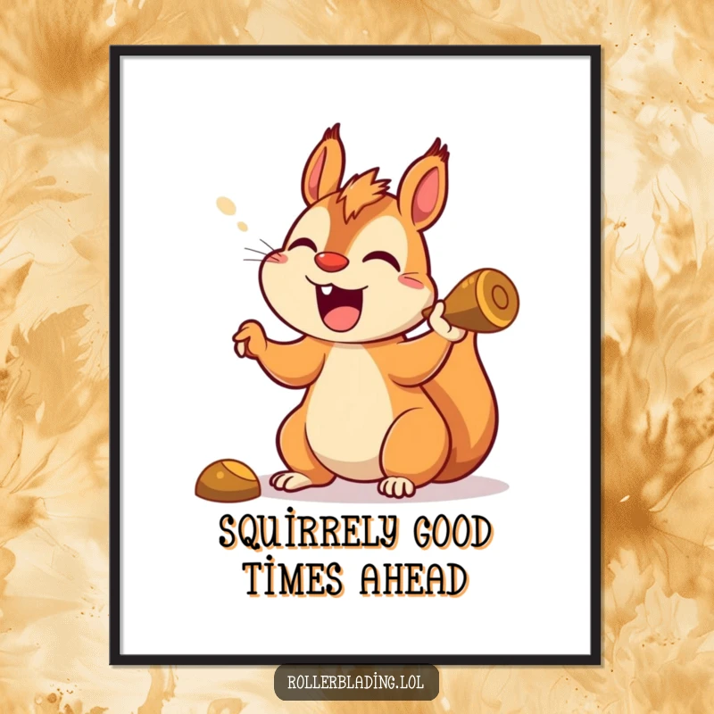Funny Free Printable Wall Art of a smiling squirrel yelling with pure delight while carving a tight turn.